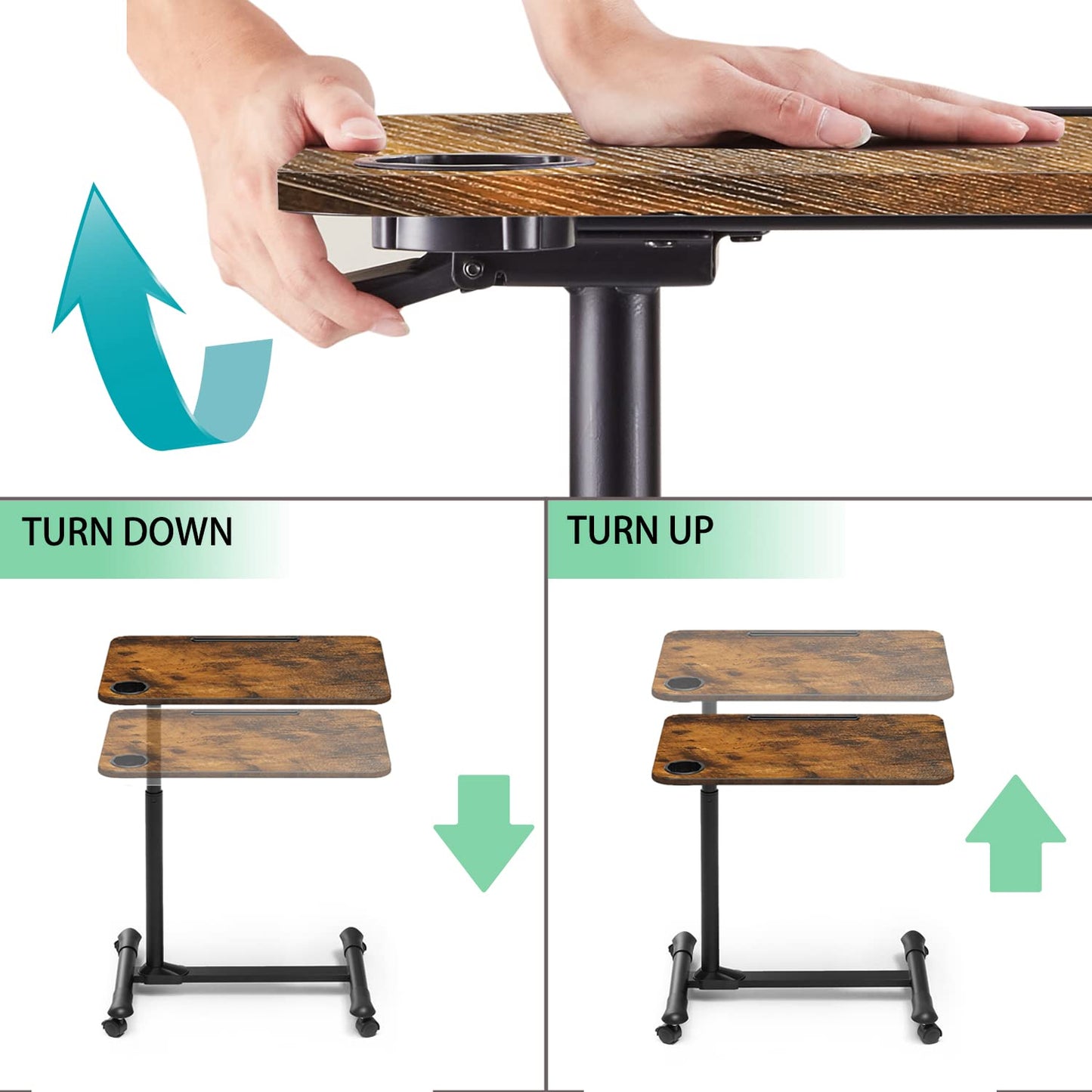 ETHU Overbed Table with Hydraulic Lift, 27.1-34.2 Inch Height Adjustable Bed Table with Lockable Casters - Wood Grain Tabletop with Cup Holder & Charging Slot, 22lbs Capacity Rolling Bedside Desk