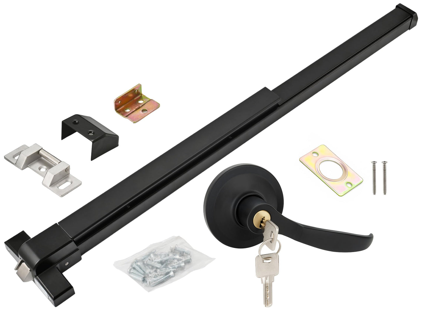 33.5" Panic Bar Exit Device with Exterior Lever Lock & Key Set, Commercial Push Bar Door Lock with Roller Strike Plate & End Caps, UL10C & ANSI Grade 1 Certified Emergency Exit Hardware