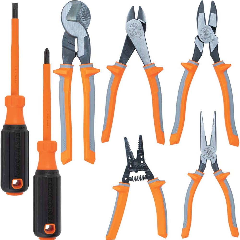 Klein Tools 9421R 1000V Insulated Plier Tool Set, Made in USA, with 3 Pairs of Pliers, Cable Cutter, Wire Stripper, and 2 Screwdrivers, 7-Piece
