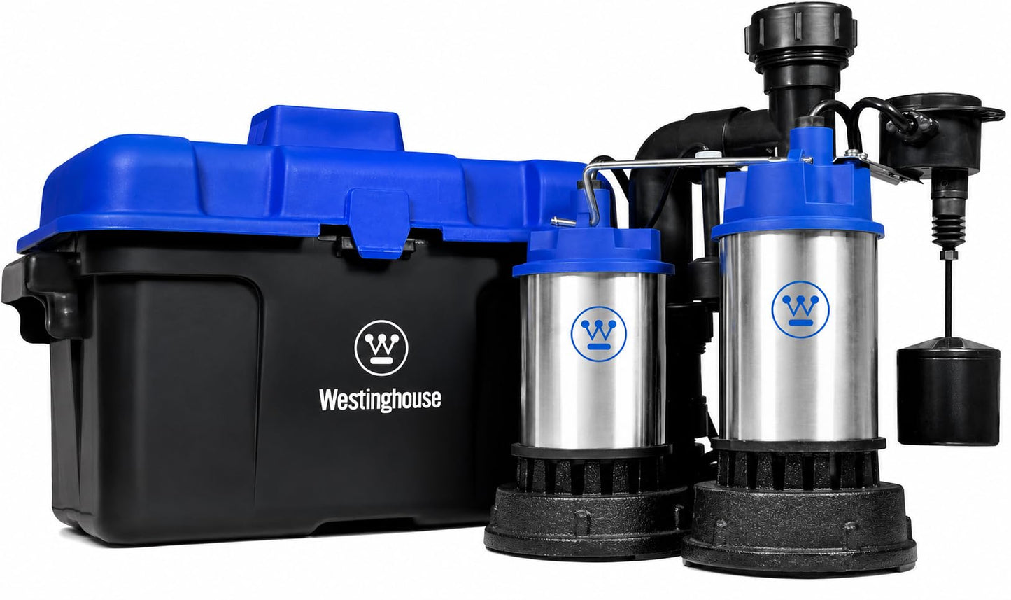 Westinghouse Battery Backup Sump Pump System – 1/2 HP Dual Sump Pumps with Automatic Switchover, Stainless Steel Construction, Top Suction Design, Basement Flood Protection