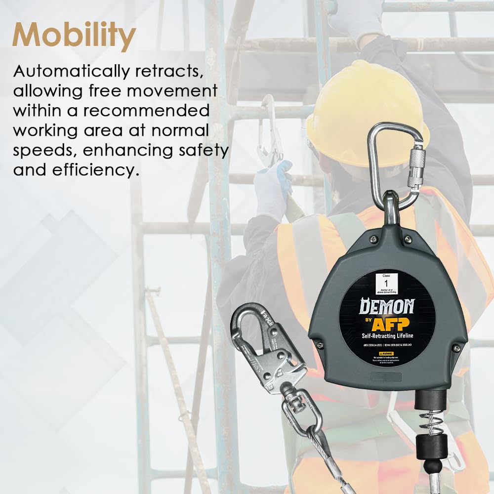 AFP Demon 30 FT Single Leg Self-Retracting Lifeline Cable Retractable | Steel Locking Snap Hook | Safety Yoyo | Fall Protection Arrest Limiter | Construction Industrial | OSHA & ANSI Rated SRL