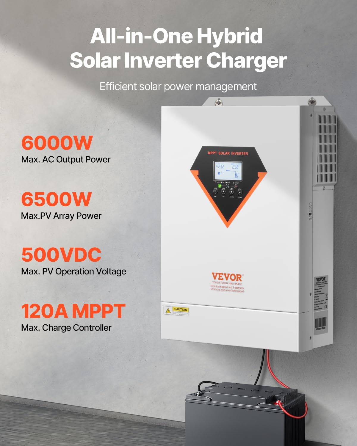 VEVOR Hybrid Solar Inverter, 6000W, Single Phase Pure Sine Wave Power Inverter, 48V DC to 220/230V AC, with Built-in 120A MPPT Solar Charge Controller, for Off-Grid System Lead Acid Lithium Battery