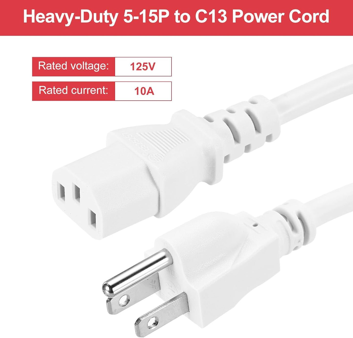 MECCANIXITY 20ft 18 18/3 C13 5-15P 10A 125V 3-Prong AWG White Universal Power Cord to NEMA Extension Power Cord