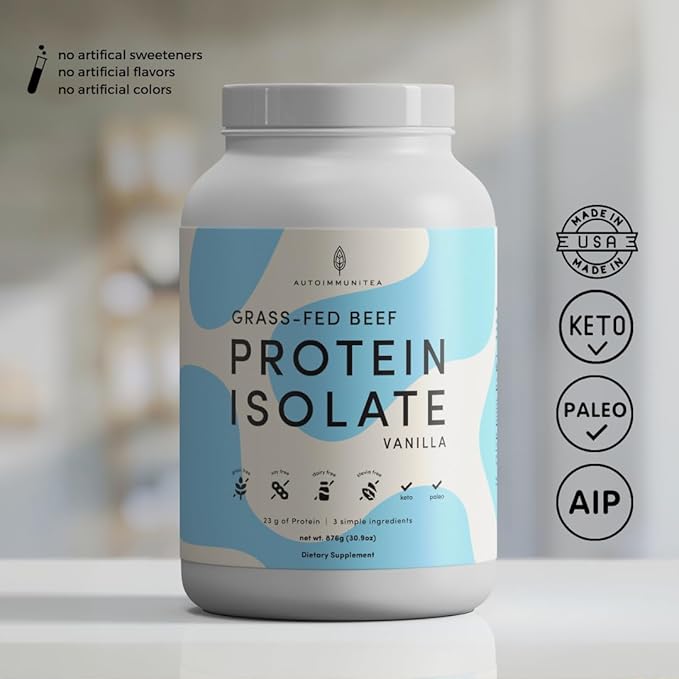 Grass Fed Beef Protein Powder Isolate - AutoimmuniTea, 23g of Paleo Carnivore Protein, Keto Friendly, Grain Free, No Dairy or Soy, No Whey, Stevia Free, Vanilla Flavor - 2lbs of Prime Muscle Building