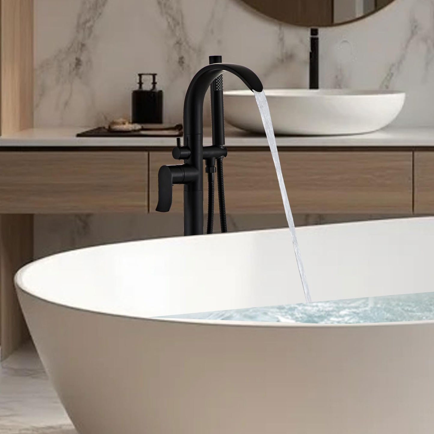 SONMAJIA Free Standing Bathtub Faucet Tub Filler Stand Alone Black, Waterfall Floor Mount Brass Standing Tub Faucet with Hand Sprayer