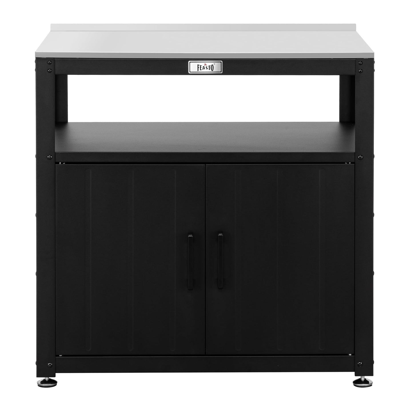 Feasto Outdoor Potting Bench with Storage, Stainless Steel Tabletop Garden Work Bench with Storage Cabinet & Removable Inner Shelf for Patio Lawn Outdoor Gardening