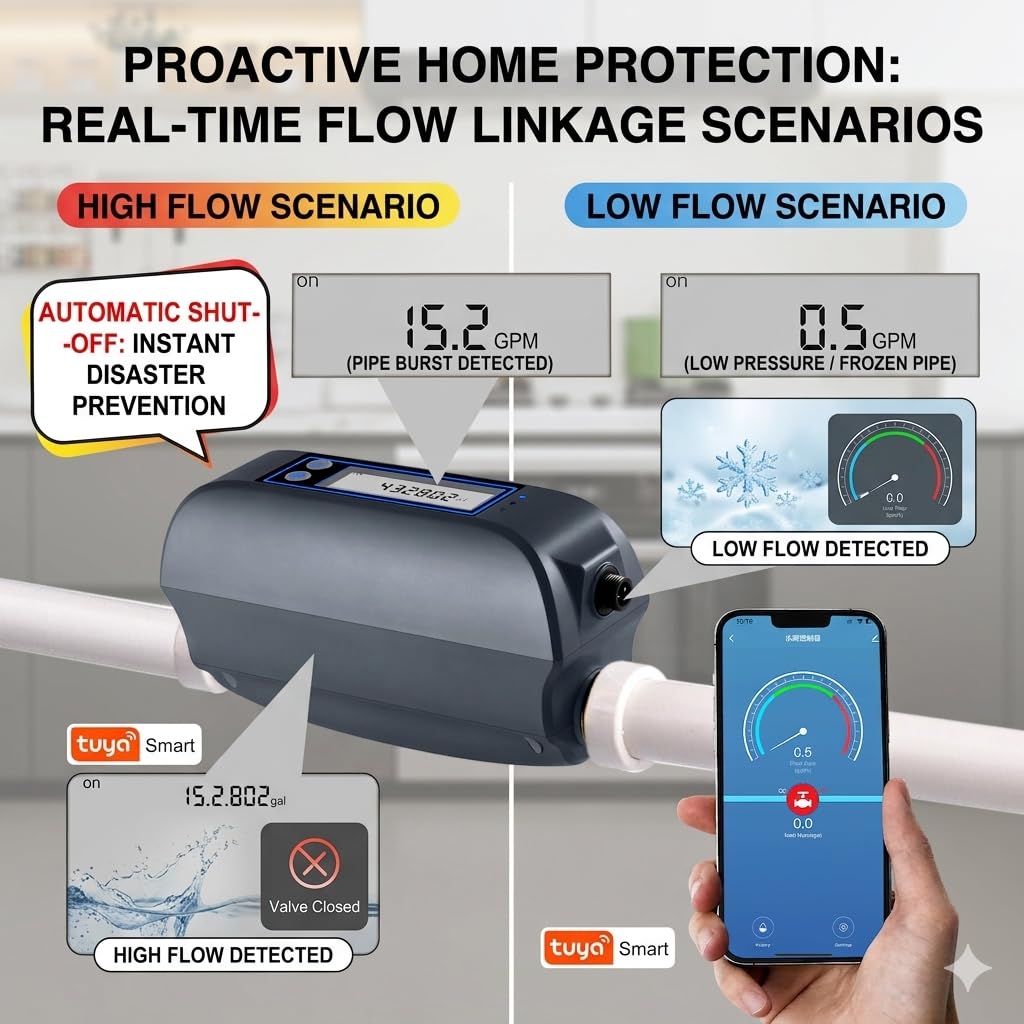 Haozee WiFi Smart Water Valve and Auto Shut-Off, Automation Scene Works with Leak Detector, Water Flow Meter, Built-in Battery, for 3/4" Diameter DN20 Pipe