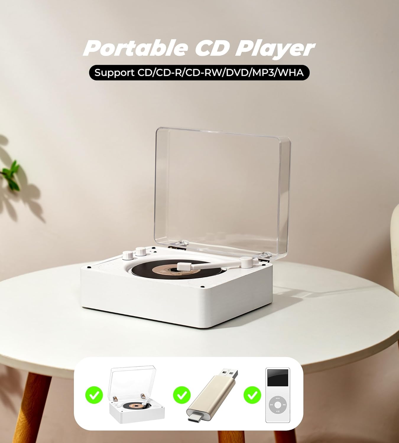 Vangoa 3.5mm CD Player for Home Small with HiFi Speakers, Portable Rechargeable CD Player Double Headphones Jack