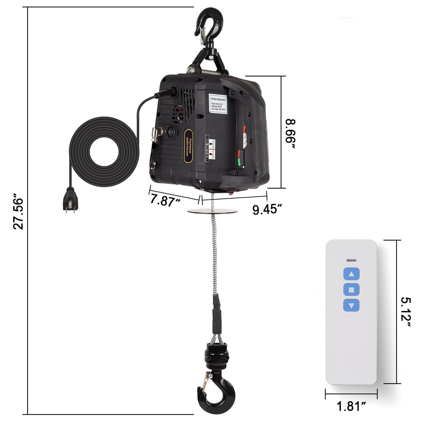 2-in-1 Portable Winch, 1100lbs Electric Hoist Winch Portable Electric Power Winch, 39ft Height Crane Winch Hook Pulley Lifting Strap with Wired & Remote Control fo Lifting Towing