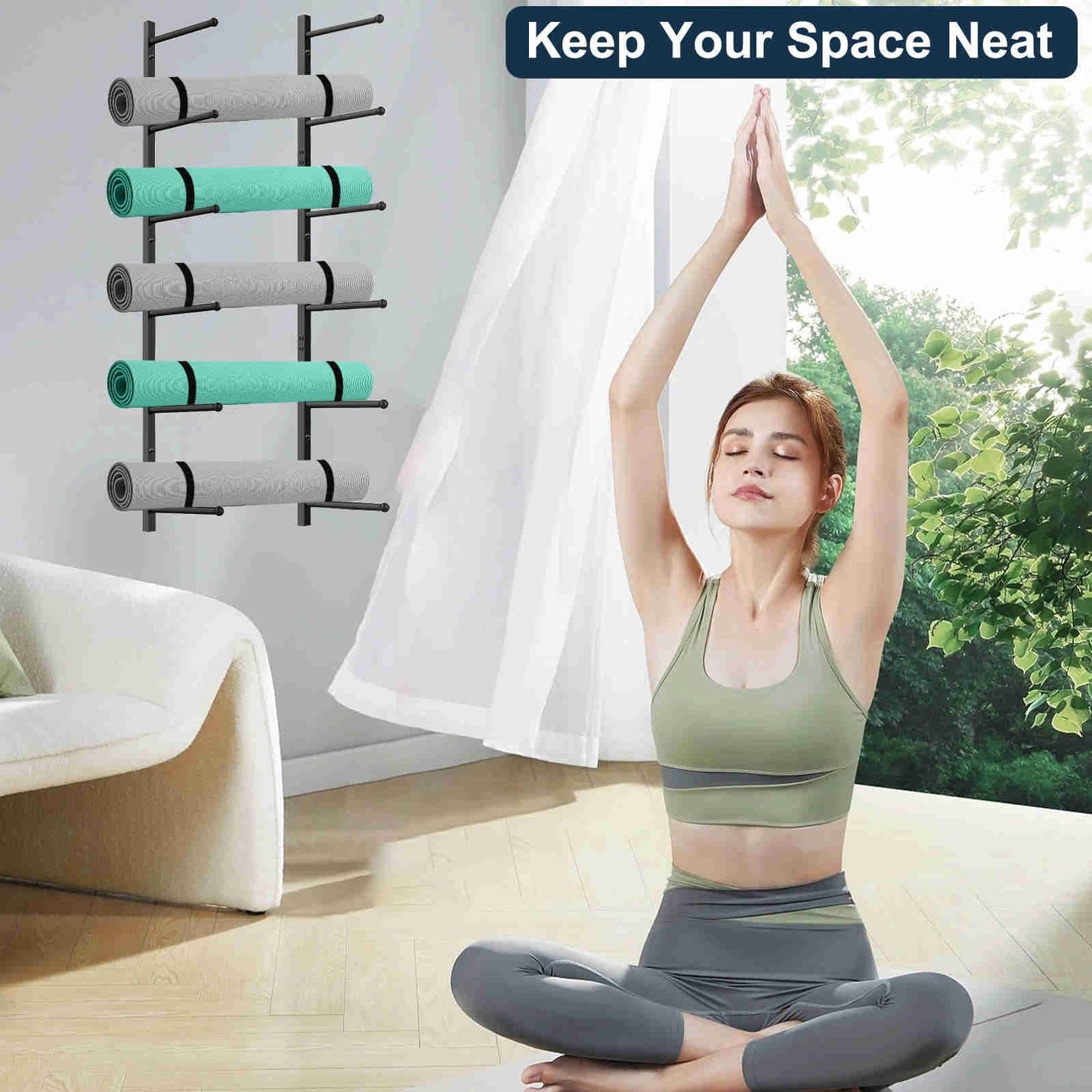Kelmuis Yoga Mat Holder Wall Mount with 12 Straps, 6 Tier Metal Yoga Mat Storage Rack Home Gym Exercise Workout Equipment Organizer for Foam Roller Resistance Bands