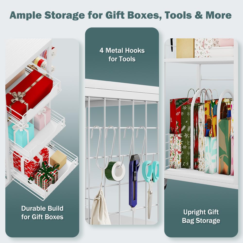 LUCKUP Rolling Wrapping Paper Organizer Cart – Gift Wrap Storage with Wheels, 20 Roll Holders, 3 Drawers & Ribbon Dispenser, Craft Organizer for Christmas, Birthdays, White
