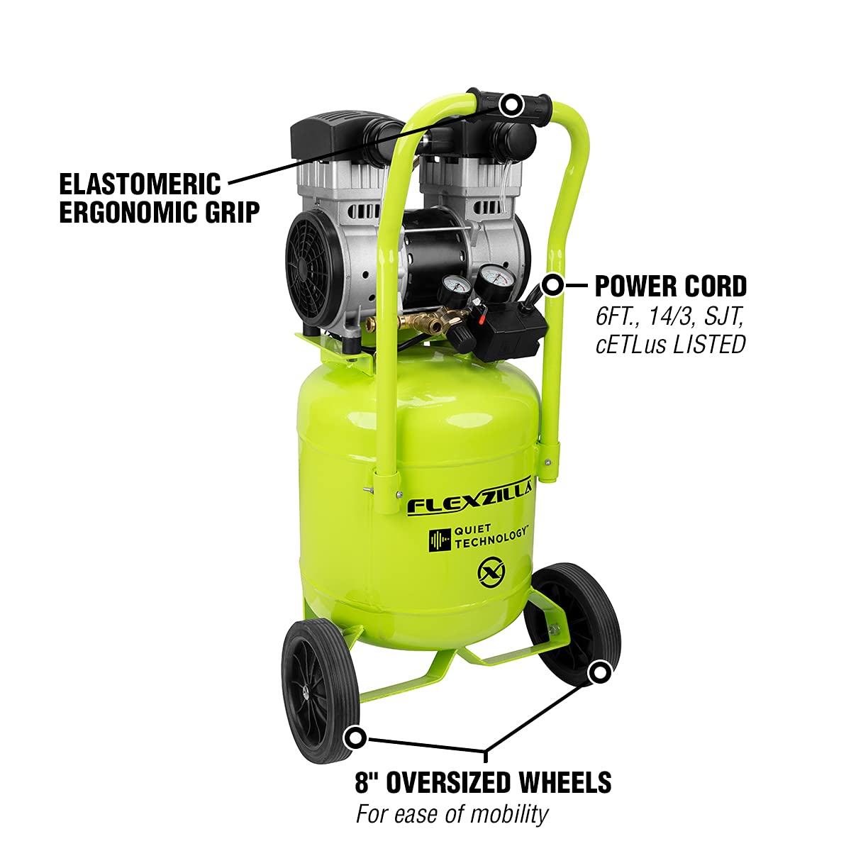 Flexzilla Portable Air Compressor with Quiet Technology, 2 HP, 10 Gallon, Industrial Grade Pump - CB20100F