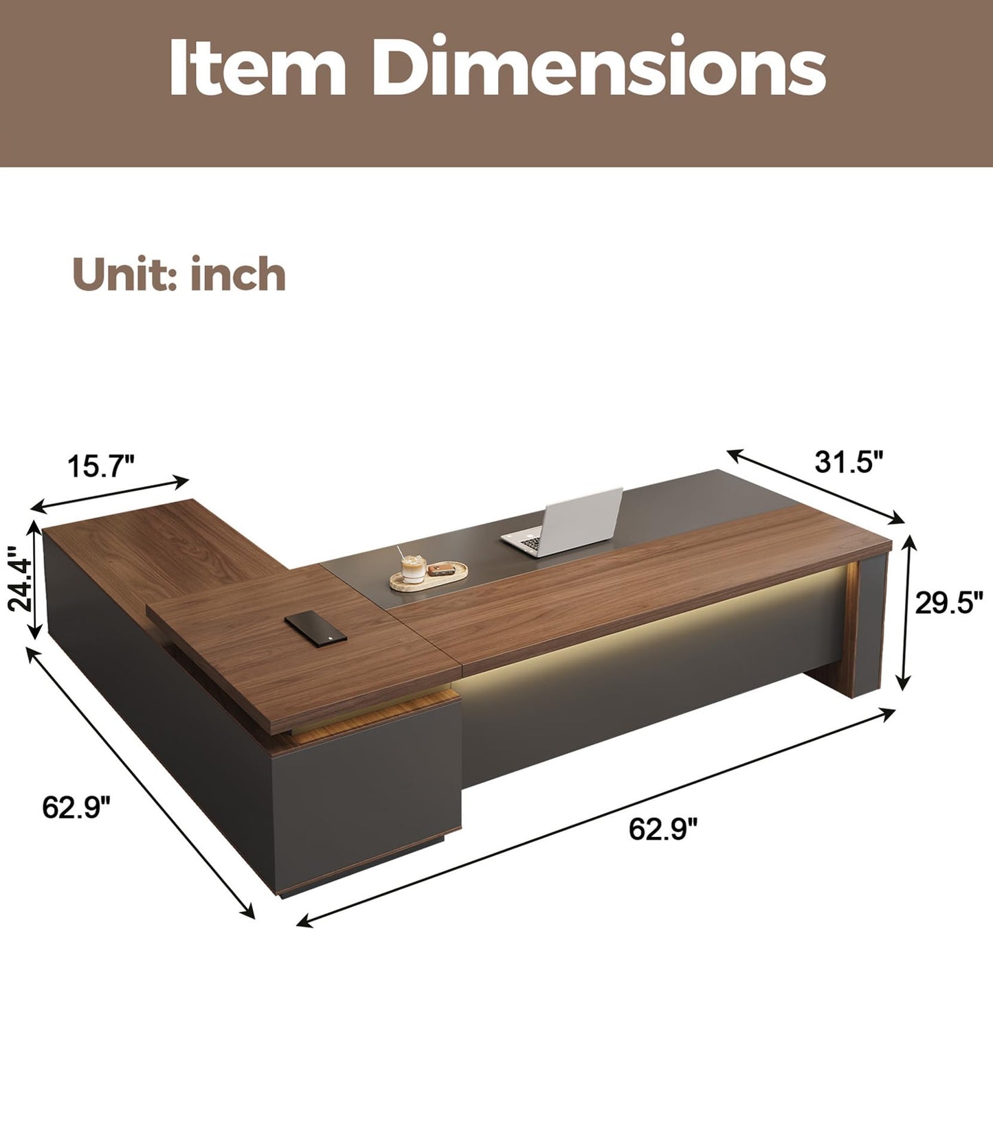 Anzhap 63" Reversible L-Shaped Executive Desk with Drawers – Compact Office Computer Desk with Open Shelves, LED Lighting, Built-in Outlet & USB Ports for Home, Office, School (63" W x 63" D x 30" H)