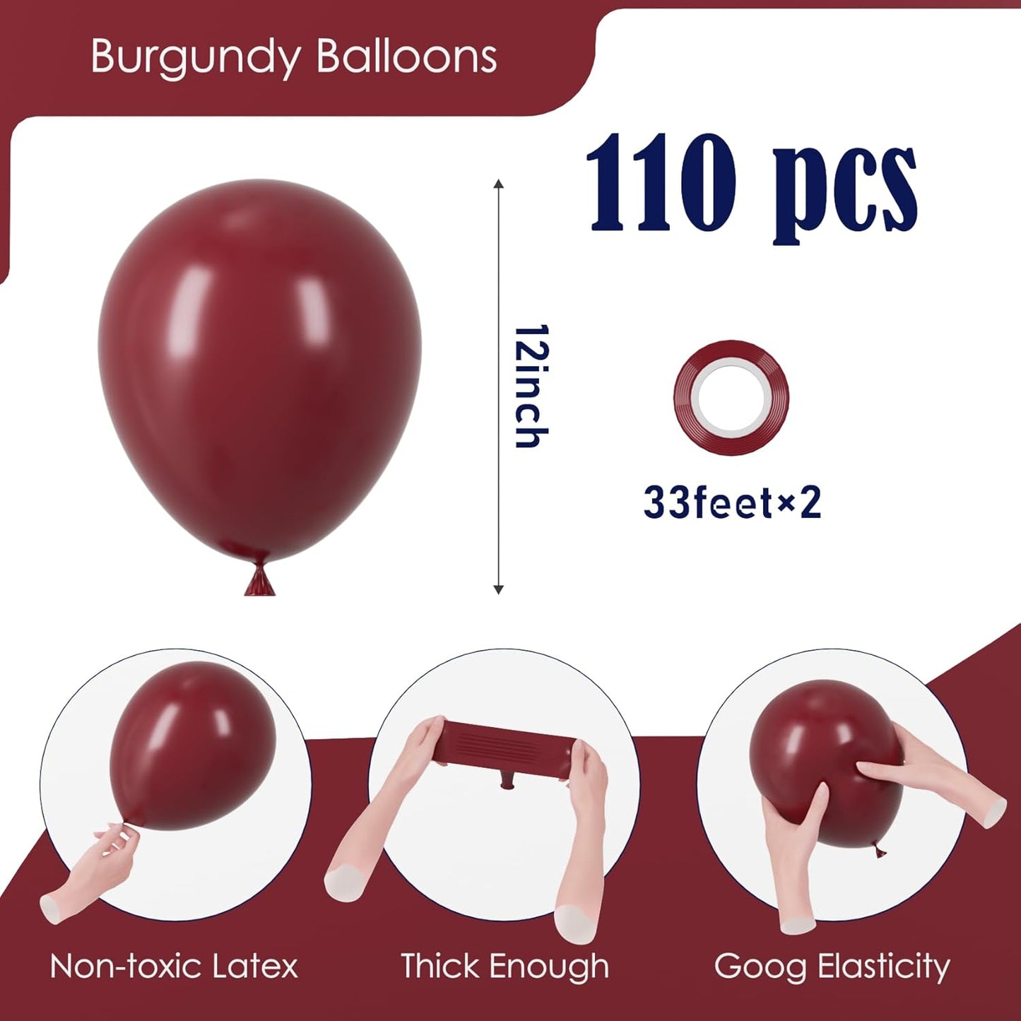 Voircoloria Burgundy Balloons - 110pcs 12-Inch Maroon Latex for Weddings, Birthdays & Celebrations