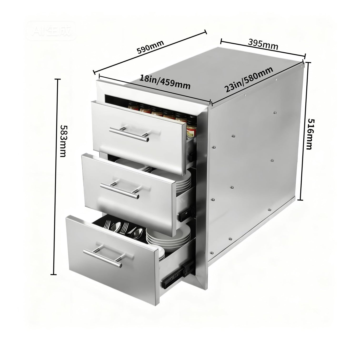 Cxforste Outdoor Kitchen Drawers with Triple-Access & Handles ，18" W x 23" H x 23" D Stainless Steel Flush Mount Modular Cabinet for BBQ Islands & Patios