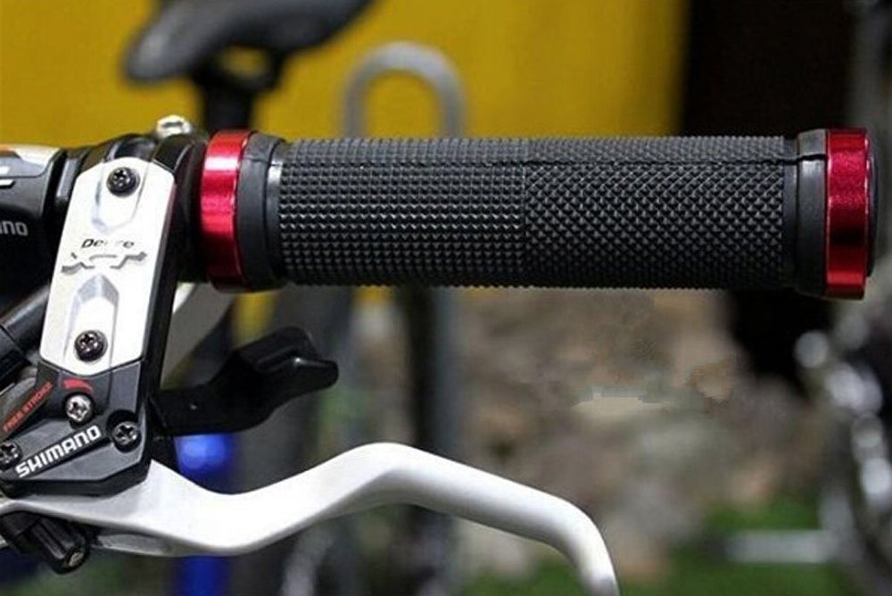 Kework Red Bike Grips, Bicycle Mountain Bike Double Locking Handlebar Grips, Include 2 Handlebar Caps, Aluminum Alloy Lock Ring