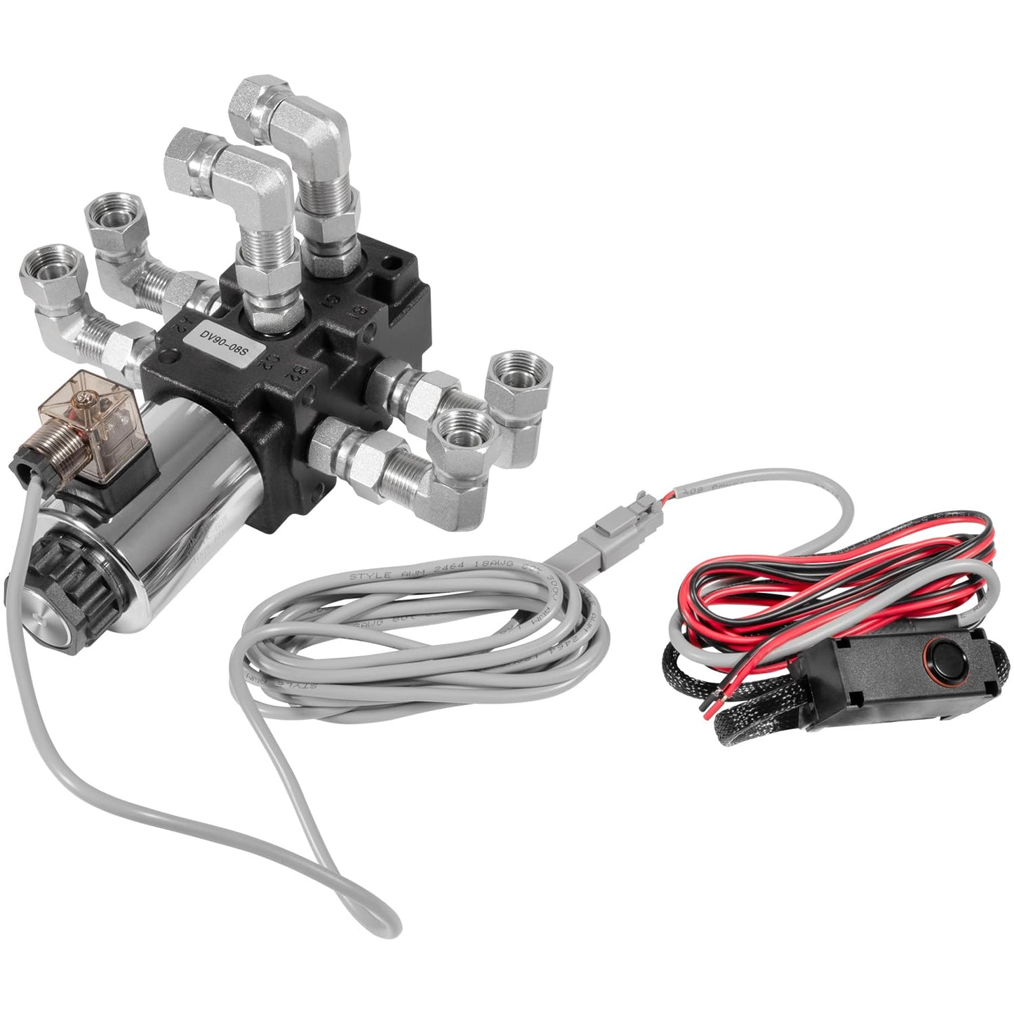 24 GPM Hydraulic Multiplier Diverter Selector Solenoid Valve, 6 Port, 3625 Max PSI, 12VDC, with Switch, Extension Harness, Ag Coupler Adapters For Most Tractors, Up To 3 Additional Functions