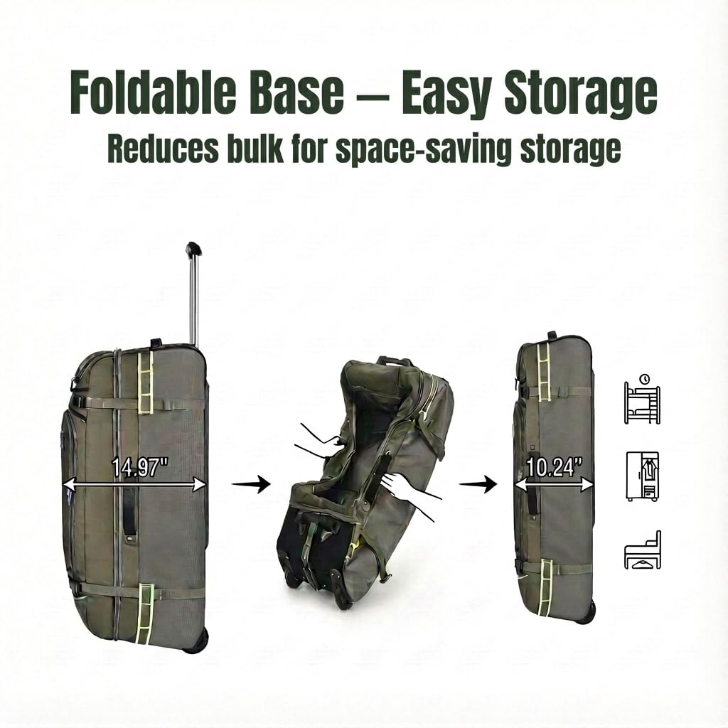 100L Extra Large Rolling Duffel Bag with Wheels and Handle – 33" Heavy-Duty 1600D PVC Checked Luggage for Business Travel, Men’s Week-Long Trips & Student Relocation, Foldable Base Design (Army Green)