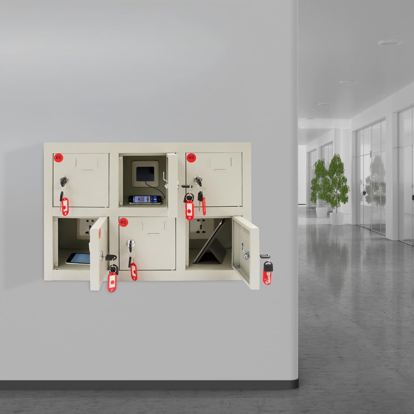 QUEWATSA 6 Slots Cell Phone Locker, Cell Mobile Phone Steel Locker, Cell Phone Locker with Charging Station, Rechargeable Mobile Phone Storage Cabinet with Individual Charging Outlets