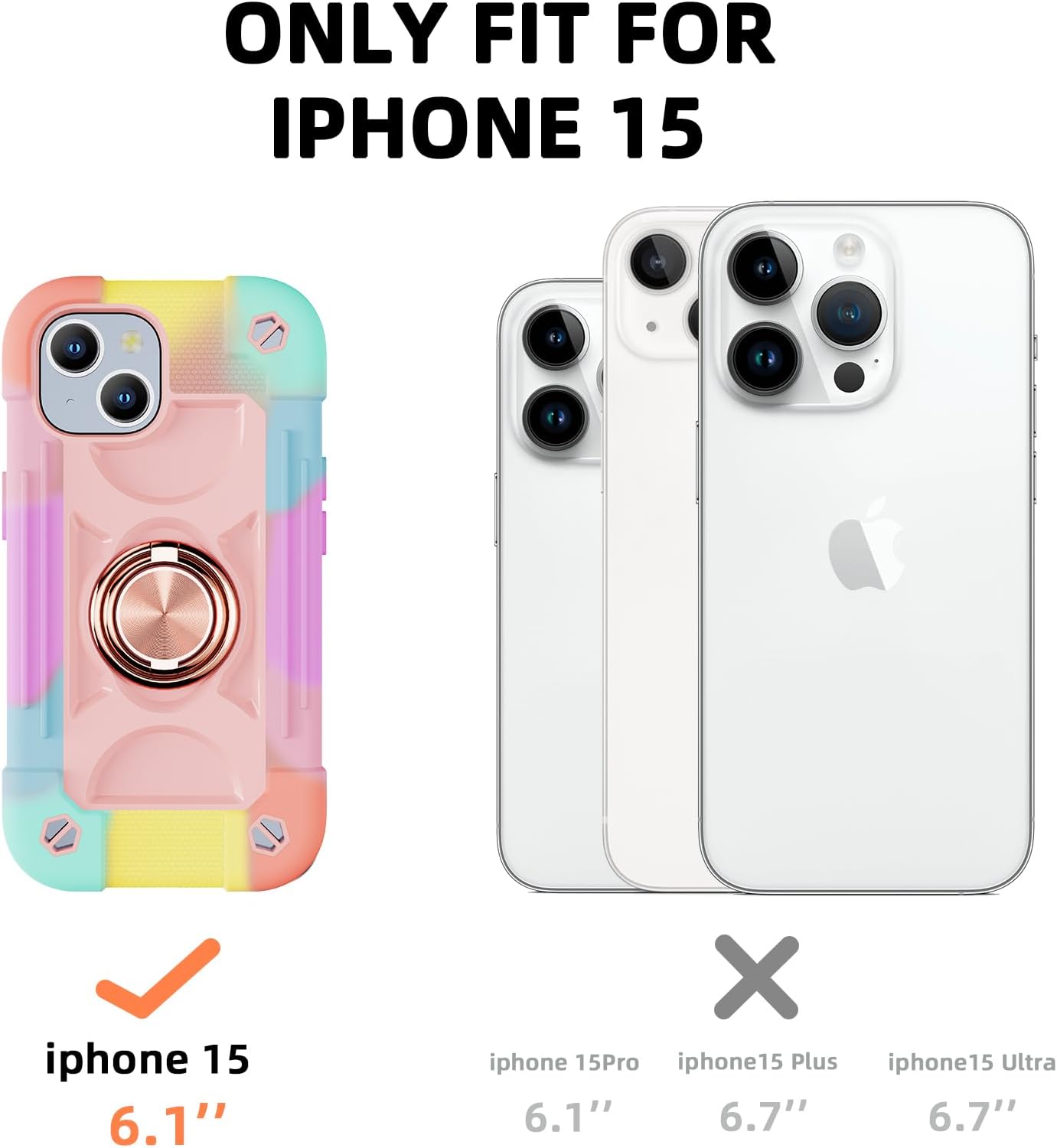 Cookiver 15 6.1" Compatible with iPhone Case - Heavy-Duty Shockproof Military-Grade Rugged Cover with Ring Stand, Glass
