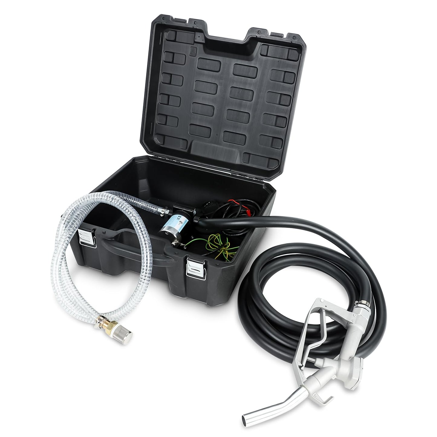 Gasoline Diesel Fuel Box Transfer Pump Kit Portable Self-Priming 12V DC Electric Fuel Pump with Alligator Clamps, Manual Nozzle, Delivery & Suction Hose for Gasoline Diesel Kerosene