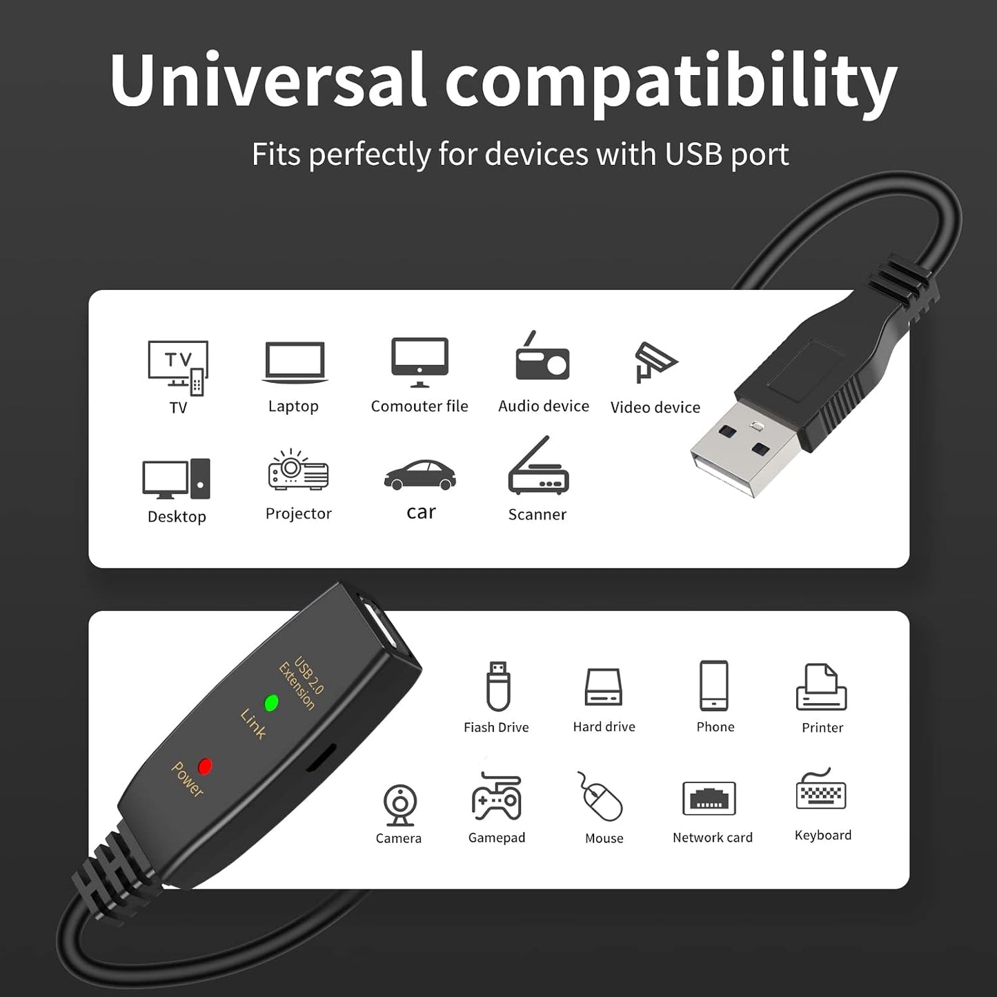 LDKCOK 50FT 2.0 chipset Active USB Extension Cable Male to Female with A Extension Signal Booster - Active
