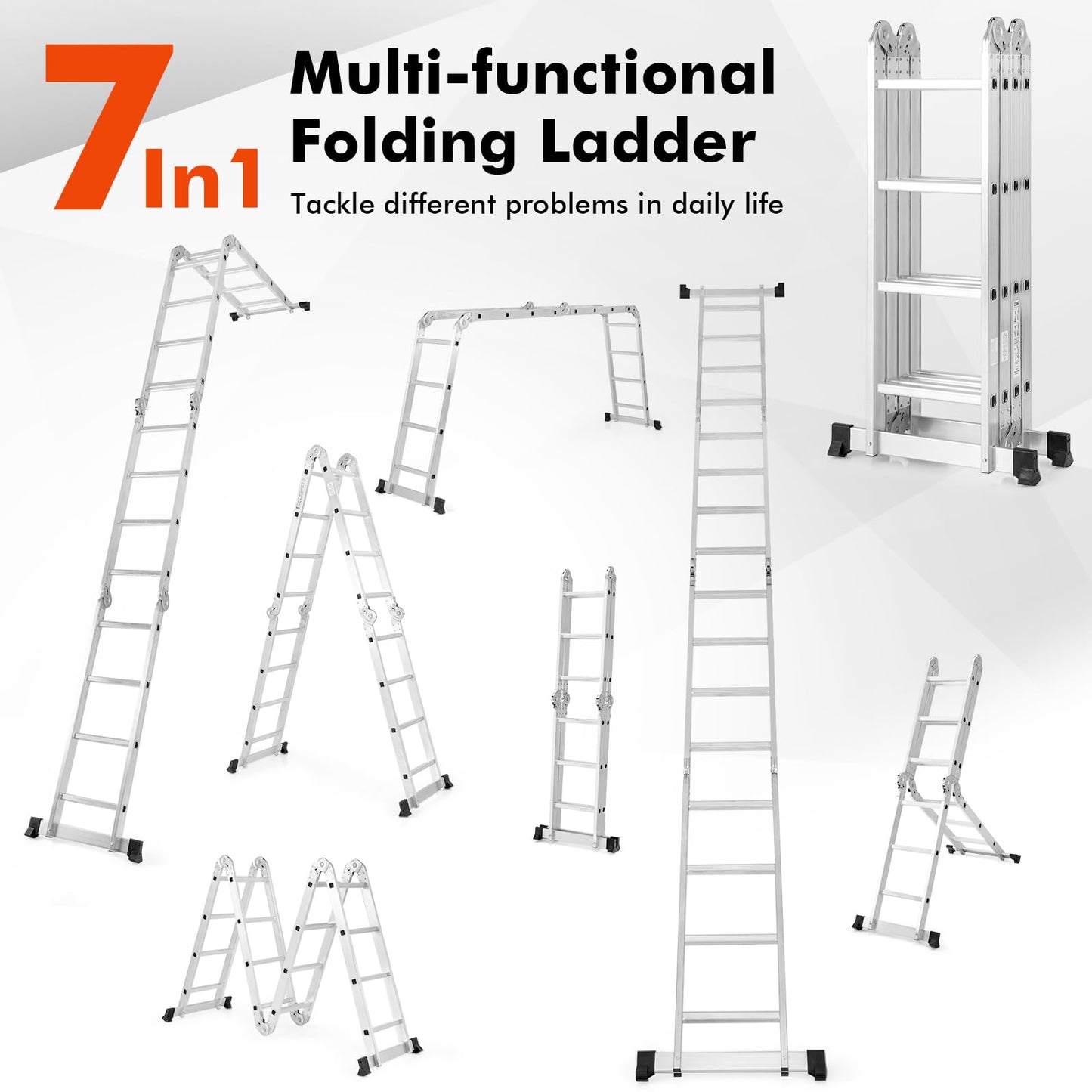 Goplus 7-in-1 Multifunctional Ladder, 4,6 M/15 FT Folding Aluminum Ladder with Safe Locking Hinge & Anti-Skid Footpads, Lightweight Tall Ladder for Home & Outdoor, 150 kg/330 lbs Max Load