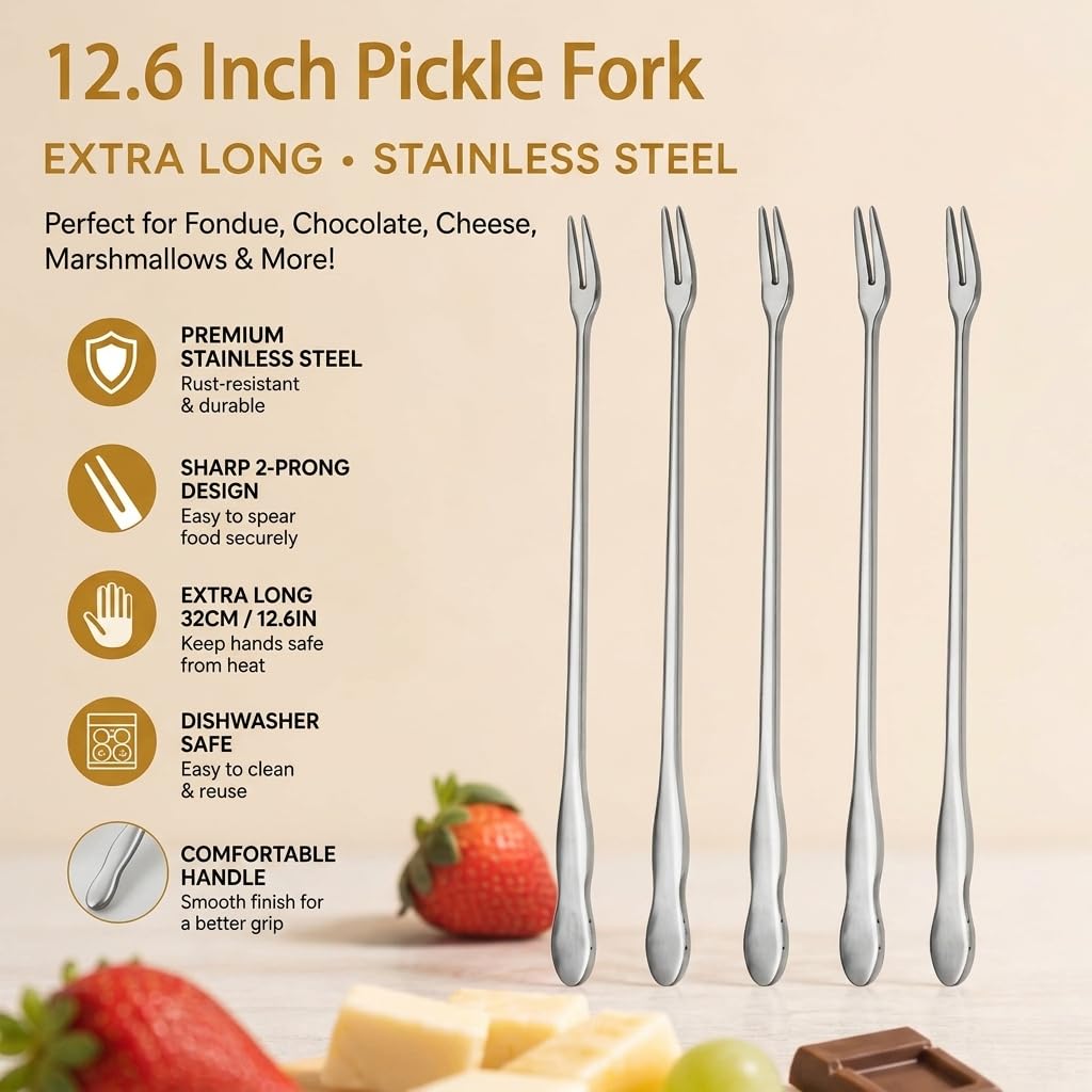 Extra Long Pickle Fork 12.6 inches, 5 Pcs Long Handle Olive Fork, Stainless Steel Cocktail Forks, Prong Pickle Picker, Pickle Grabber, Long Dessert Forks, Long Fruit Fork, 5 pieces