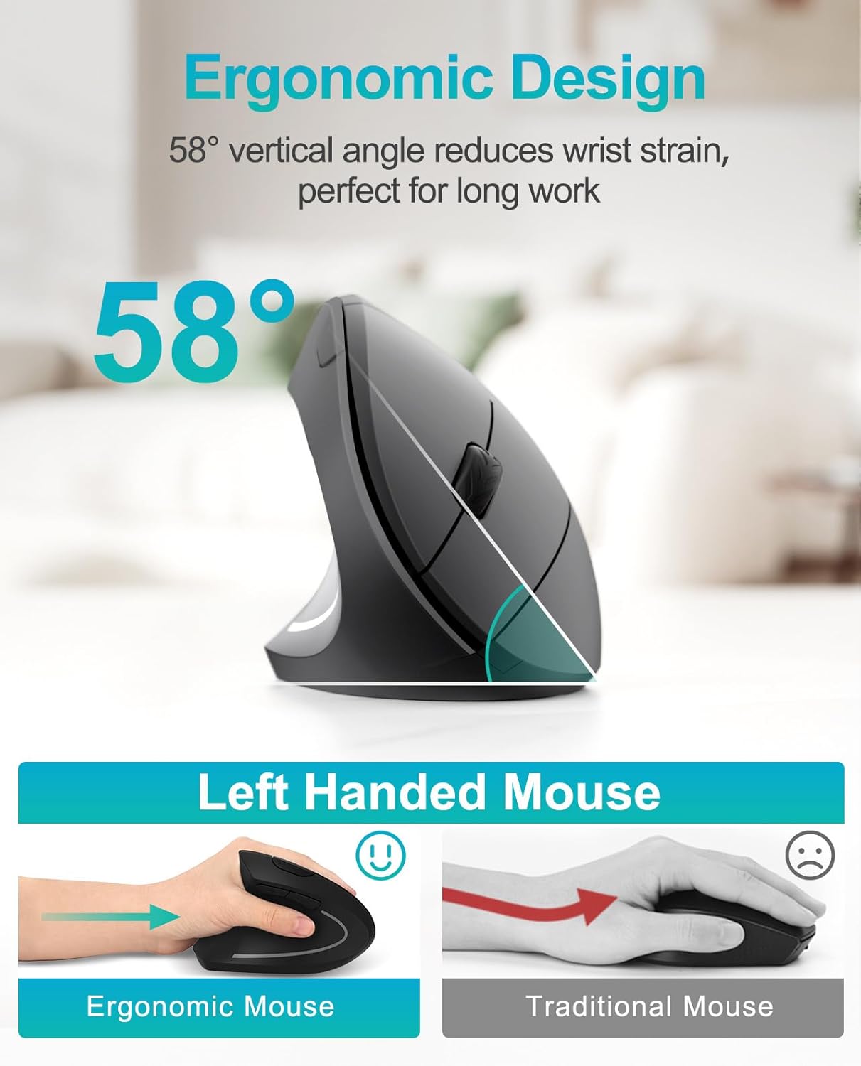Lekvey 2.4G 3 6 Left Handed Ergonomic Mouse, Vertical Wireless Mouse for Left Hand, USB Carpal Tunnel Lefty Mouse