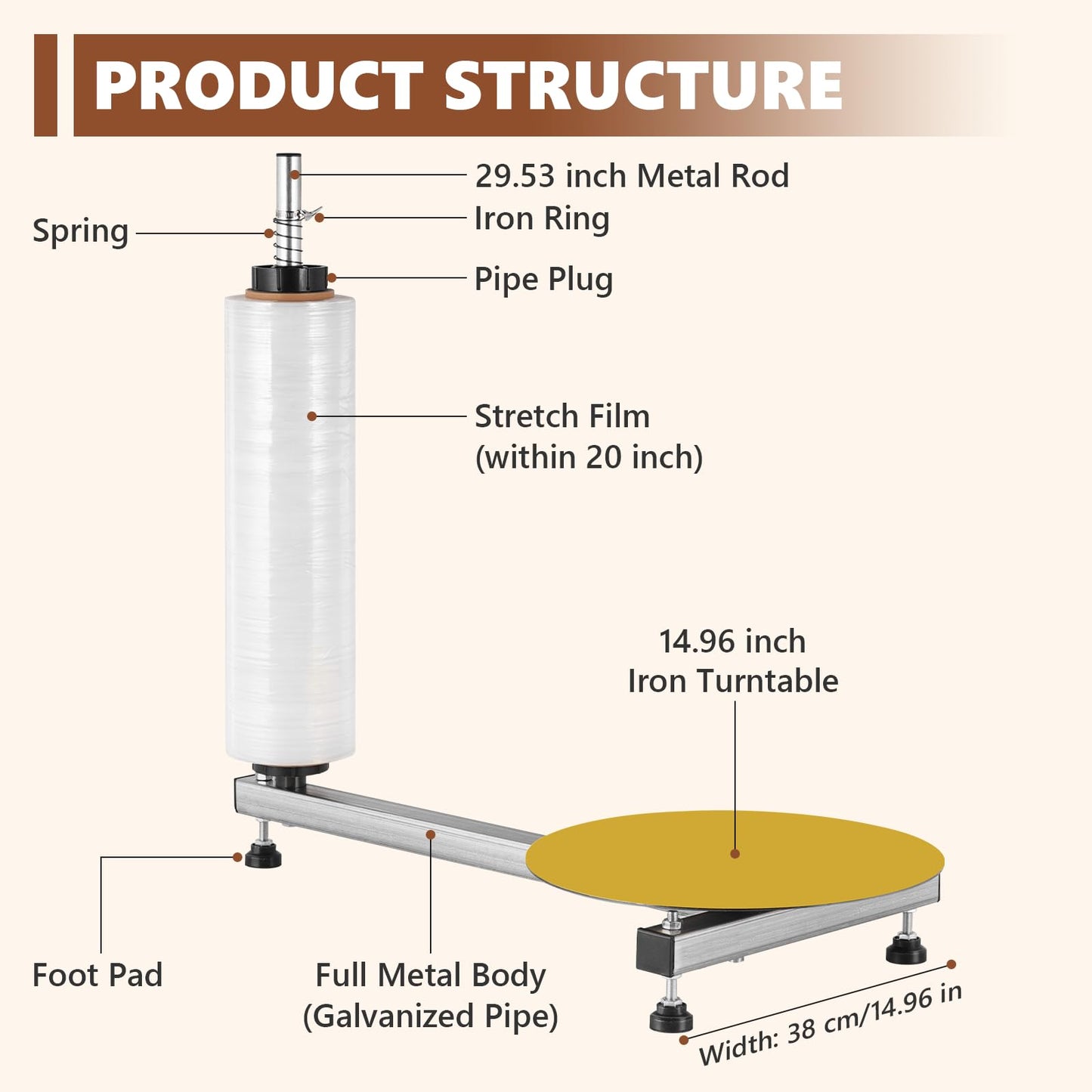 Manual Table Stretch Film Dispenser Wrapping Machine with 15-inch Iron Turntable for 12-20" Stretch Wrap Rolls, Manual Pallet Wrapper Bench for Small Business Packaging, Shipping & Warehousing