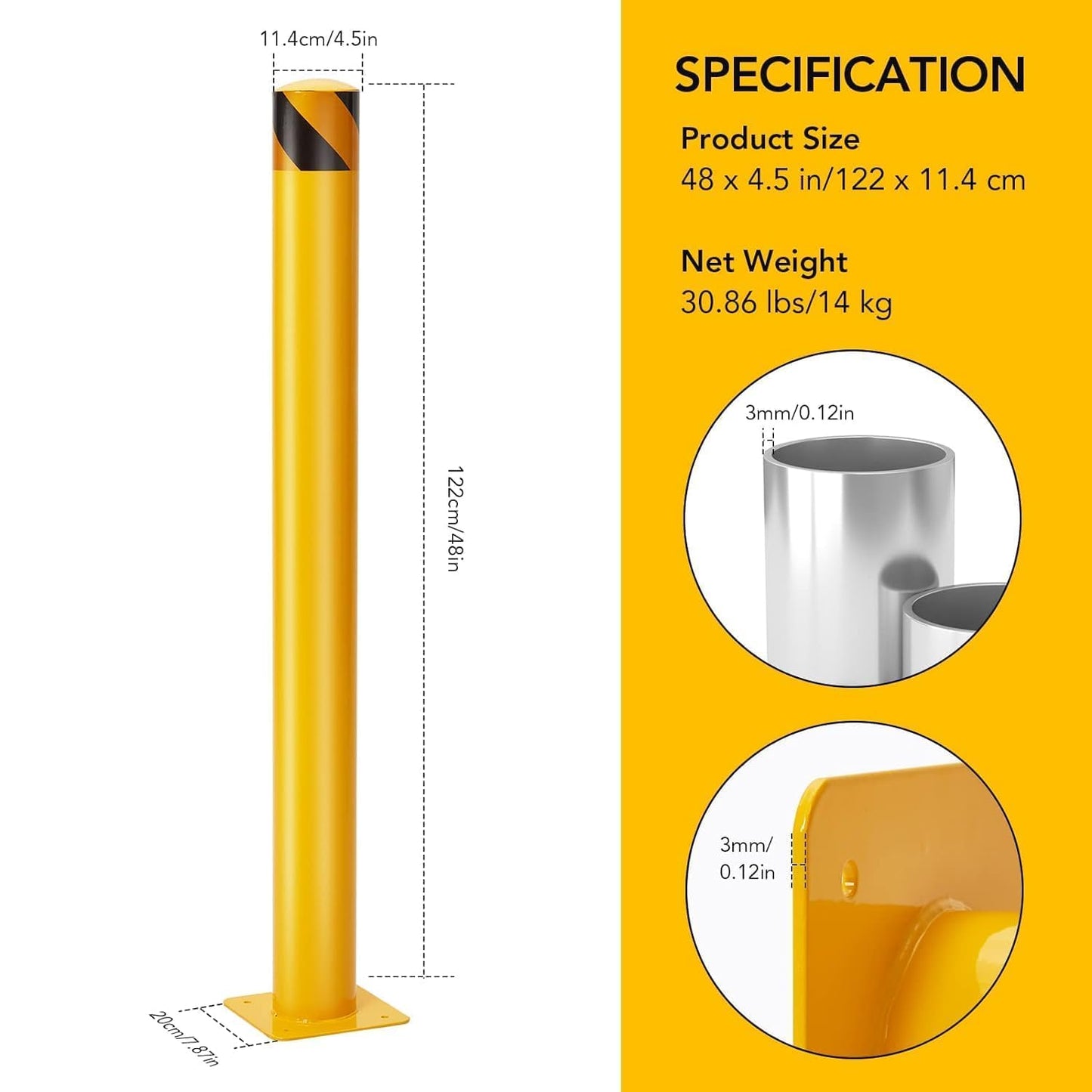 6Pcs Yellow Safety Bollards 48-Inch Steel Traffic Control Posts, 4.5-Inch Diameter with 24 Anchor Bolts, for Driveway Barriers and Parking Solutions