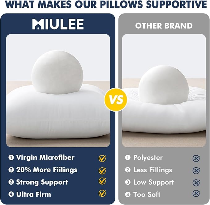 MIULEE Throw Pillows Inserts, Pack of 2 12x20 Inch 100% Virgin Fiber Filling Bed Couch Pillows