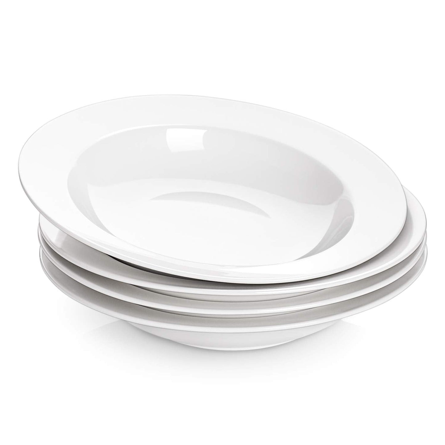 DOWAN Soup and Pasta Bowls Set of 4, White Porcelain Wide Rim Salad Plates, 20 Ounces, Microwave & Dishwasher Safe