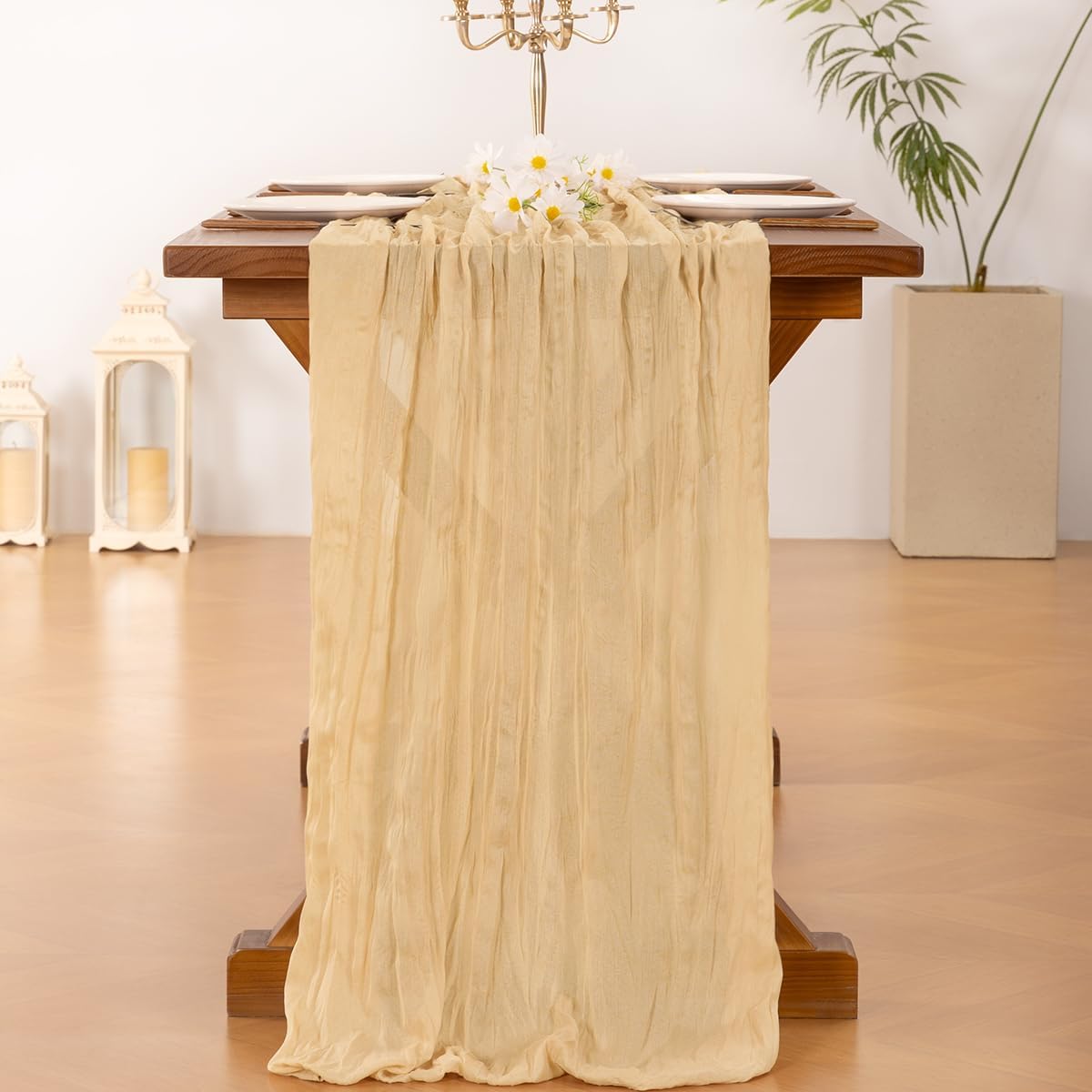 Socomi Gold Champagne Cheesecloth Table Runner - 120 Inch Rustic Gauze for Weddings & Events