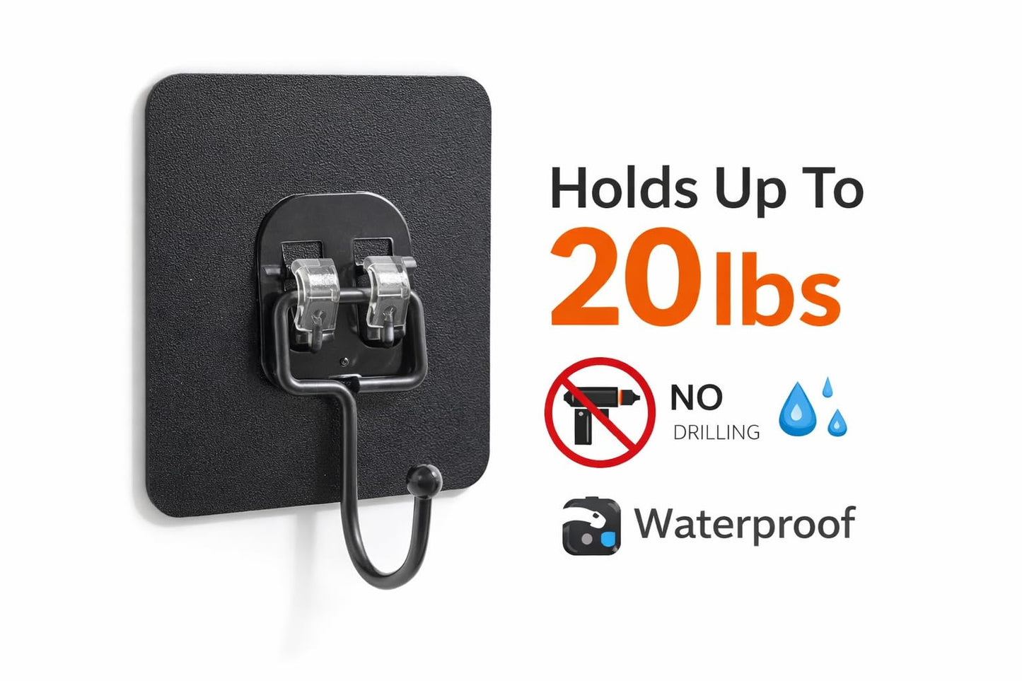 Black Metal Adhesive Wall Hooks Light Duty 6-Pack, No Drill Waterproof Sticky Hooks for Bathroom Kitchen Garage, Strong Wall Hooks for Towels, Keys, Coat, Tools, Holds Up to 20 lbs