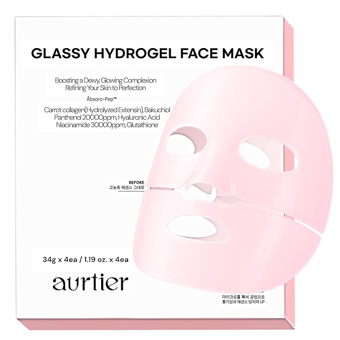 Glassy Hydrogel Face Mask for Glow and Dewy Skin, Deep Hydration, Vegan Collagen, Makeup Prep, Pore Tightening, Firming, Moisturizing, Elasticity, Overnight Korean Skin Care 1.19oz x 4ea