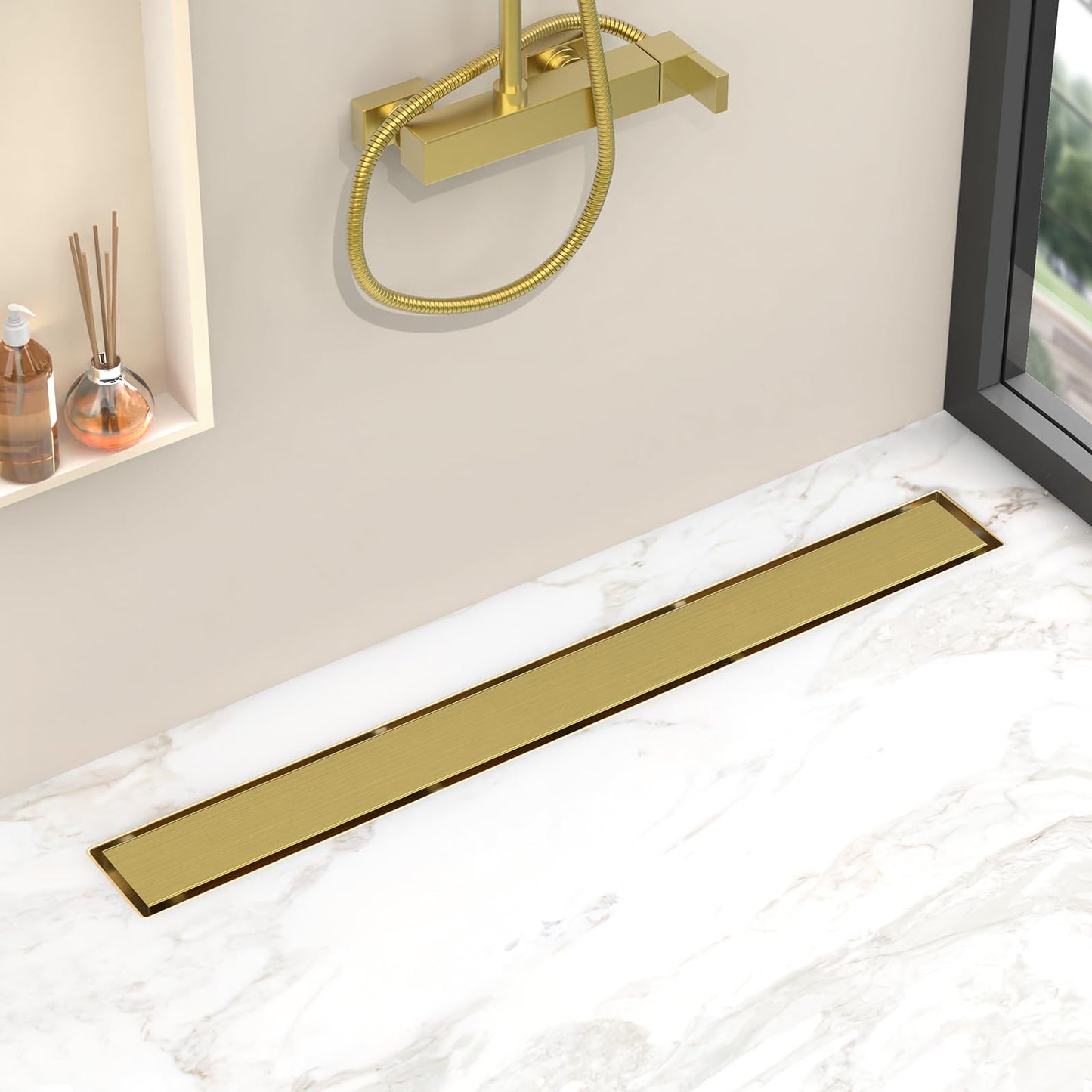YEFU Gold Linear Shower Drain for Bathroom: 42 Inch Shower Drain with Tile Insert Grate - 304 Stainless Steel Rectangle Linear Drain - 2-in-1 Brushed Gold Shower Floor Drain