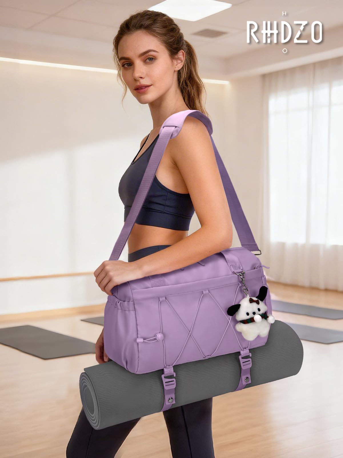 Small Gym Bag for Women with Yoga Mat Holder and Wet Compartment, Mini Gym Duffle Bag Yoga Bag with Water Bottle Pocket for Workout Travel, Purple