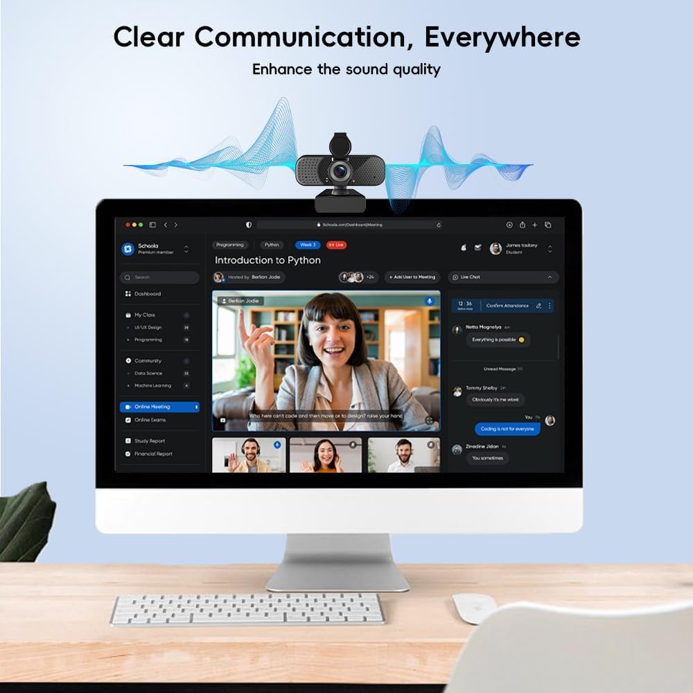 Kemeiv 2K Webcam PC Webcam with Microphone and Physical Privacy Cover, Noise-Canceling Microphone, Auto Light