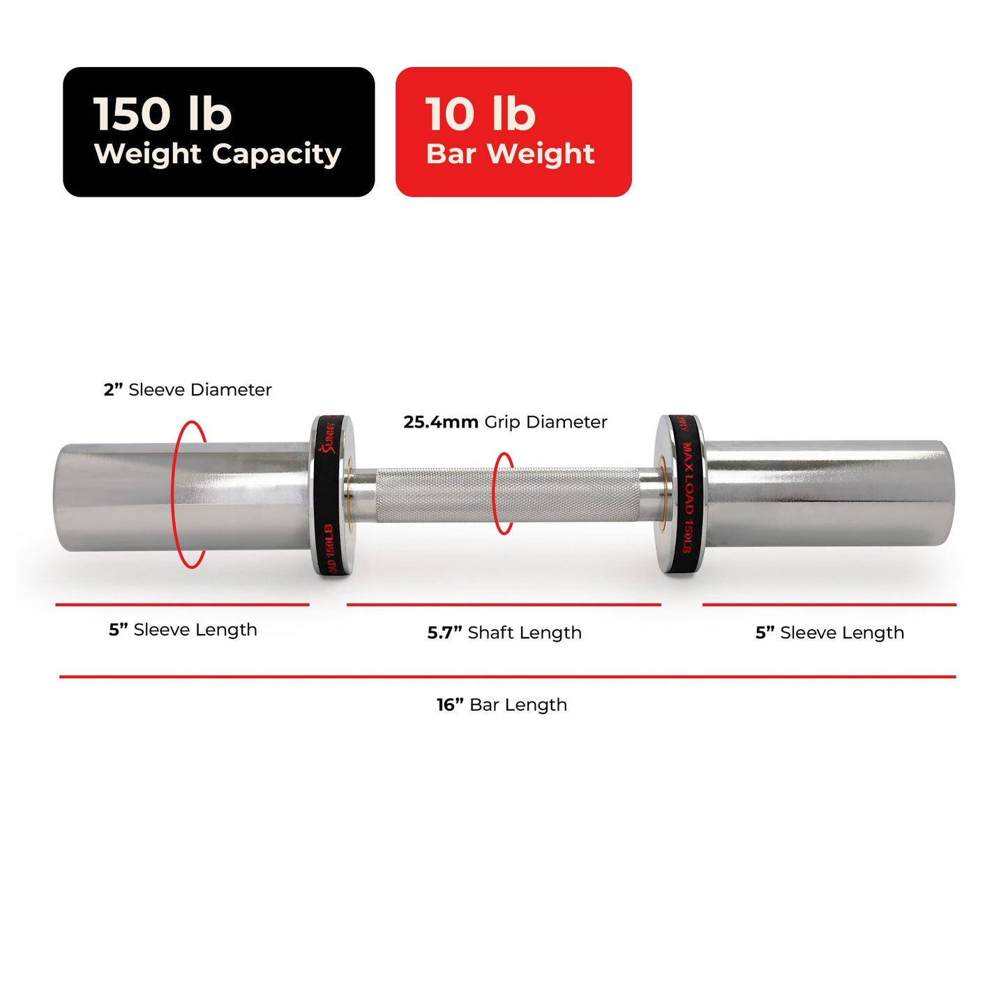 Sunny Health & Fitness 16-Inch Olympic Dumbbell Bar,with Collars, Chrome Finish, 2-Inch Olympic Plate Compatible, for Home Workouts - SF-OB01-16