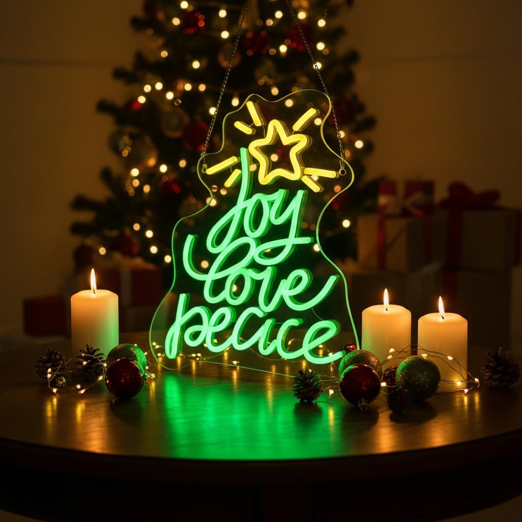 Skiennix Christmas Tree Neon Sign - USB Powered LED Wall Decor for Peace, Love & Joy | Holiday Gift