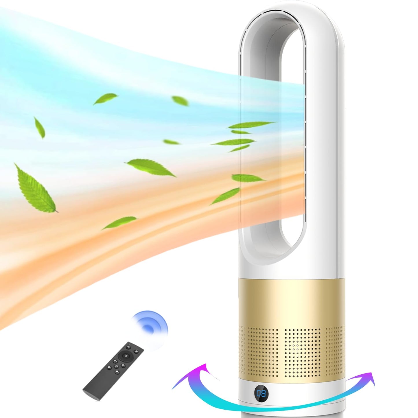 Bladeless Heater and Fan Combo, 1400 Watt Heater Fan and 40 Watt Cold Fan, 80° Oscillating Fan, All the Season Use, Remote and Touch Control, Floor Tower fan, Office Room, Bedroom, Orange White