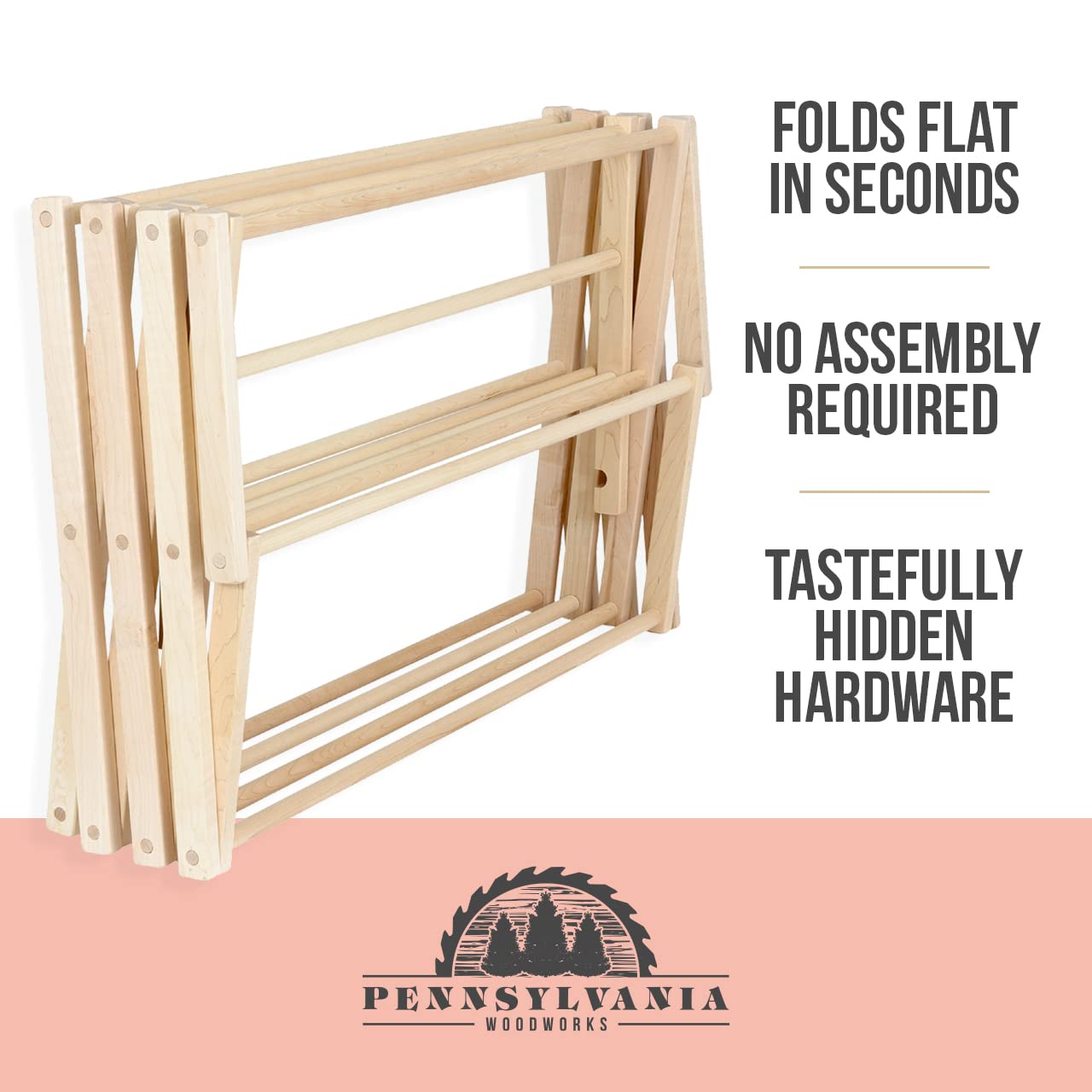 Pennsylvania Woodworks Clothes Drying Rack: Solid Maple Hard Wood Laundry Rack for Blankets, Towels, Bedding & More, Heavy Duty Folding Drying Rack, Made in USA, No Assembly Needed, XXLarge