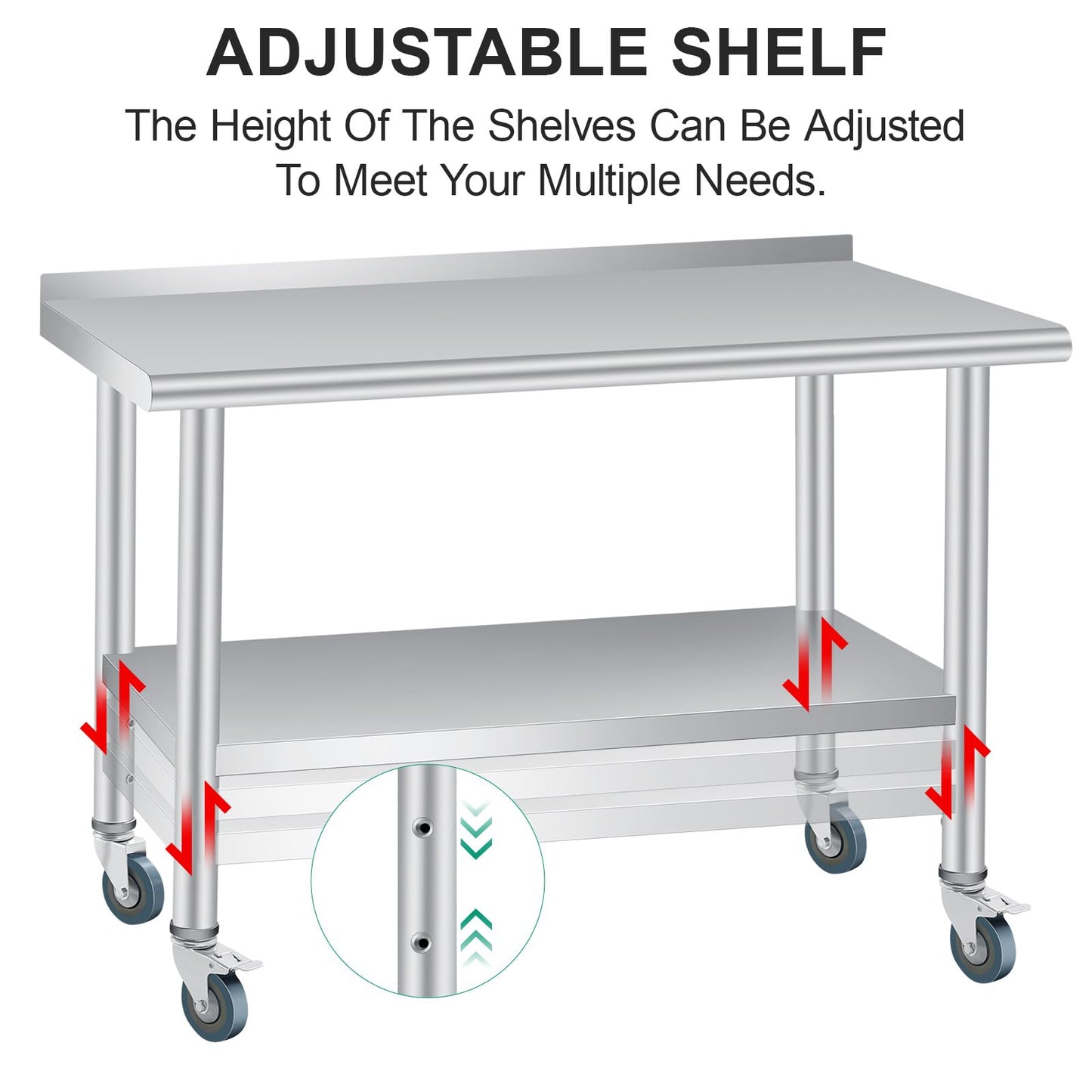 60 x 24 Inch Stainless Steel Prep Table, Heavy Duty Commercial Work Table with 4 Caster Wheels, Adjustable Undershelf & Rounded Corners, Metal Kitchen Workbench for Restaurant, Garage and Outdoor