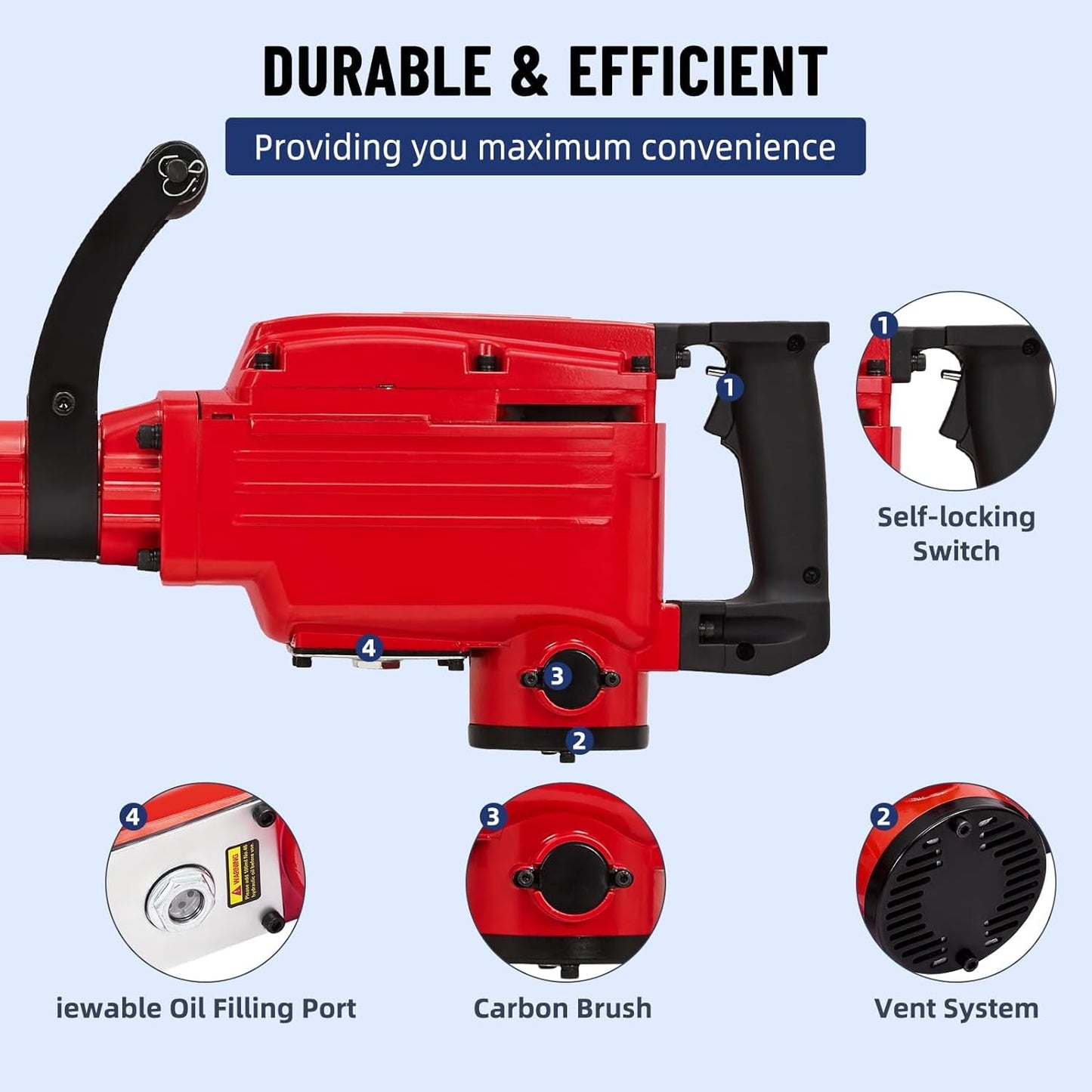 2200W Heavy Duty Electric Jack Hammer,Demolition Power Tool Kit With 3 Chisel Bits,Carrying Case & Safety Gloves for Concrete,Brick and Masonry, 6-Piece Set