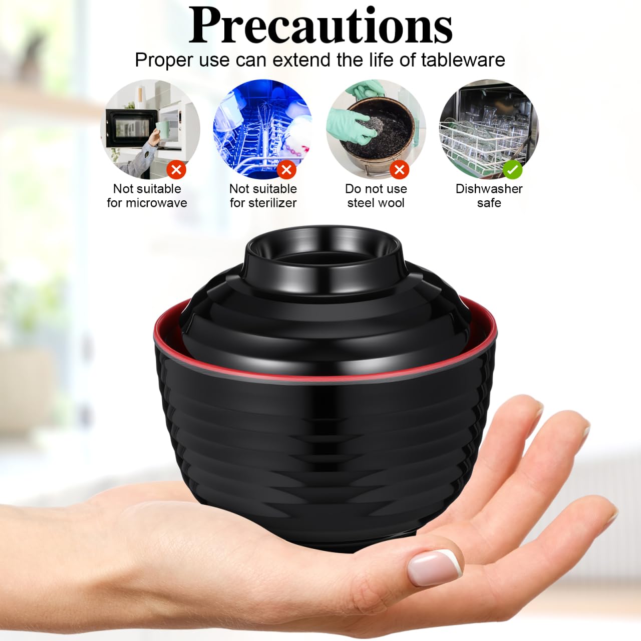 Luxshiny 3 Set Japanese Style Miso Soup Bowls Lids Bowls Hot Pot Rice Noodles Salad Traditional Lacquered Design Microwave Dishwasher Safe
