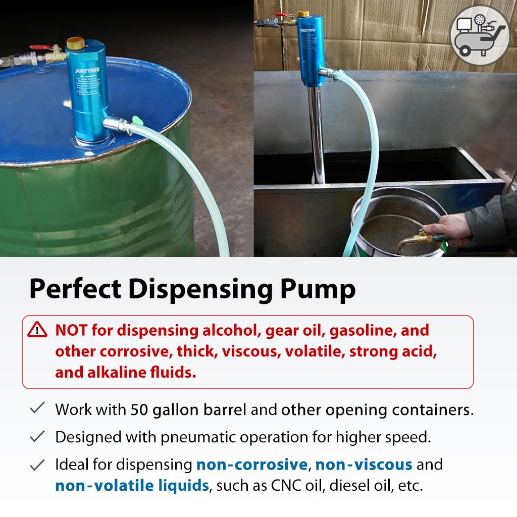 FIRSTINFO A1182US Pneumatic Oil Barrel Drum Pump/Dispenser (1:1) for 50-gallon Pails/Drums and Open Containers/Vessels, Fast Oil/Liquid/Fluid Transfer
