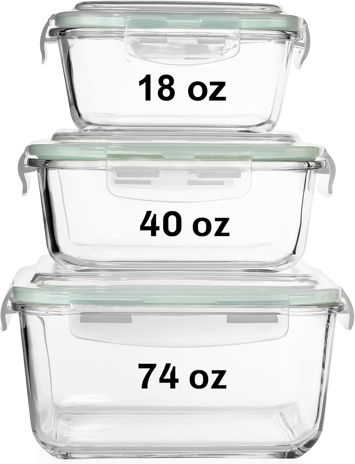 Razab Glass Food Storage Containers Set - 6 PC Airtight Meal Prep Containers | 74, 40 & 18 oz, Freezer Safe