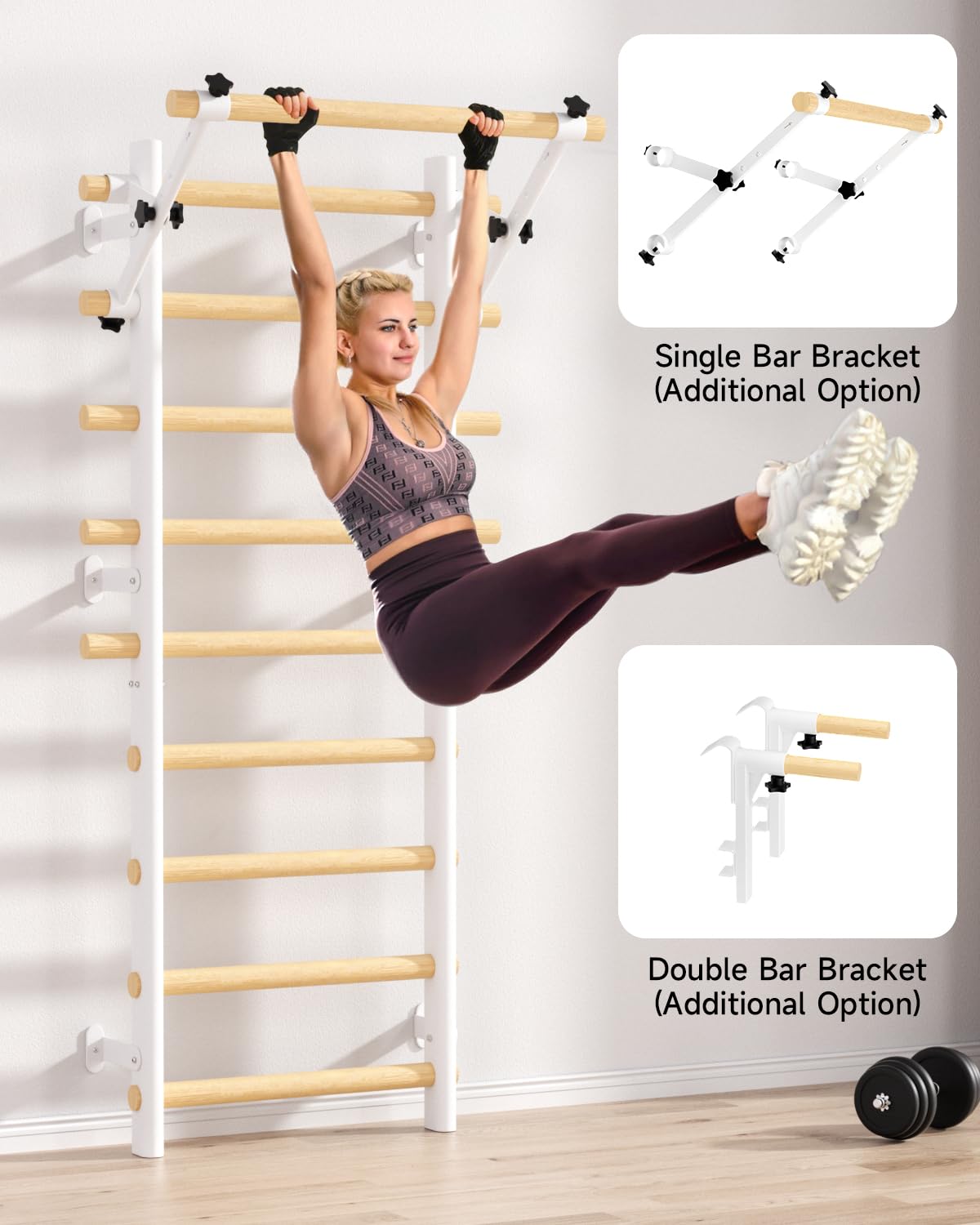 Cofiyard Swedish Ladder Wall Gym, Wooden Wall-Mounted Stall Bars with Pull-up Bar & Exercise Straps & Dip Bars, Stretching Ladder Full Body Home Gym Adults New, White