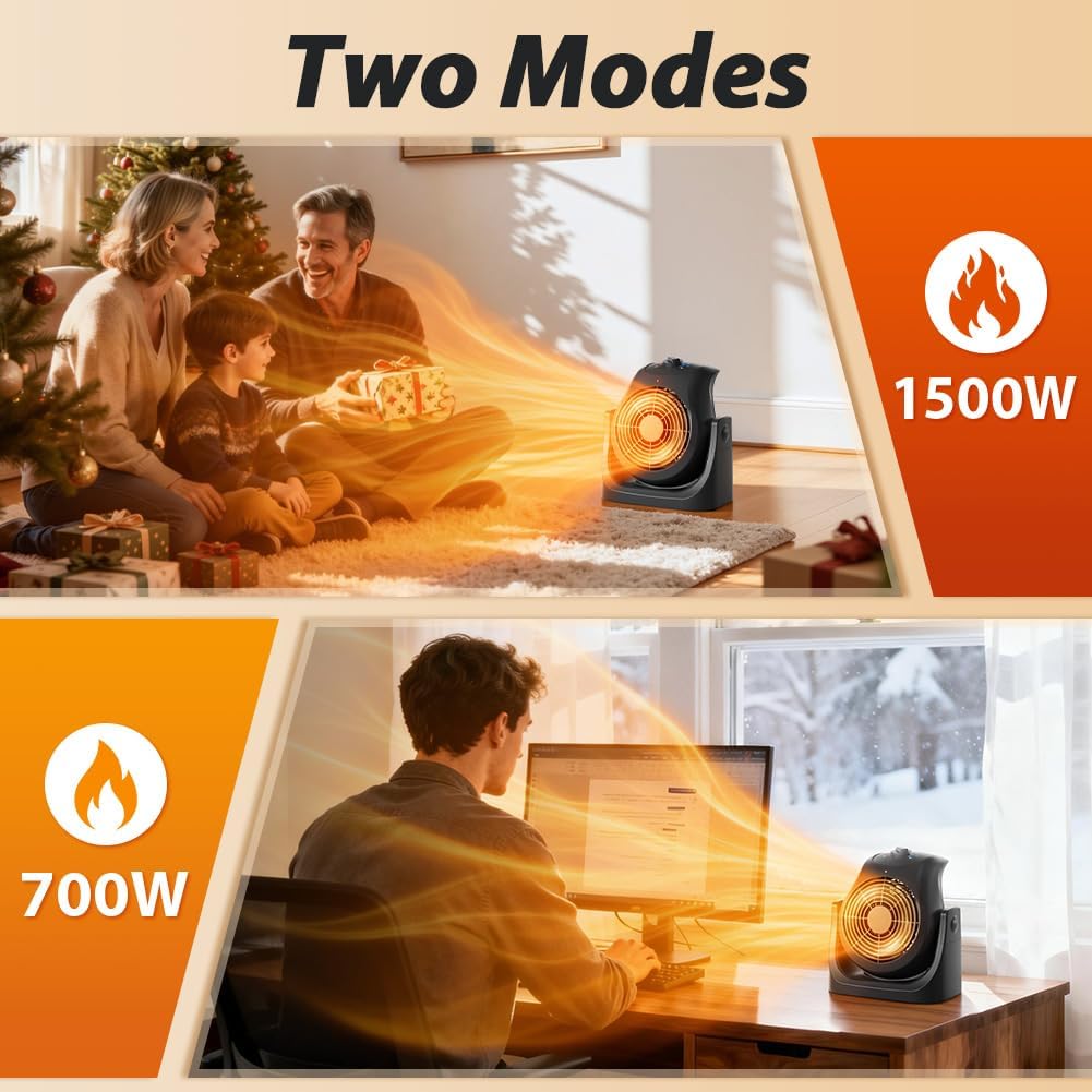Skiennix Portable Electric Space Heater & Desk Fan - 2-in-1 Combo with 45° Tilt, 2 Speeds, 1500W Overheat Protection for Home Office